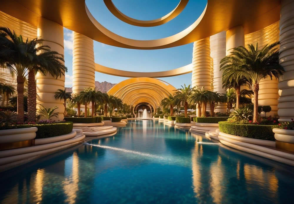 The grand entrance of Encore at Wynn Las Vegas, with its iconic curved architecture and lush landscaping, sets the stage for a luxurious resort experience