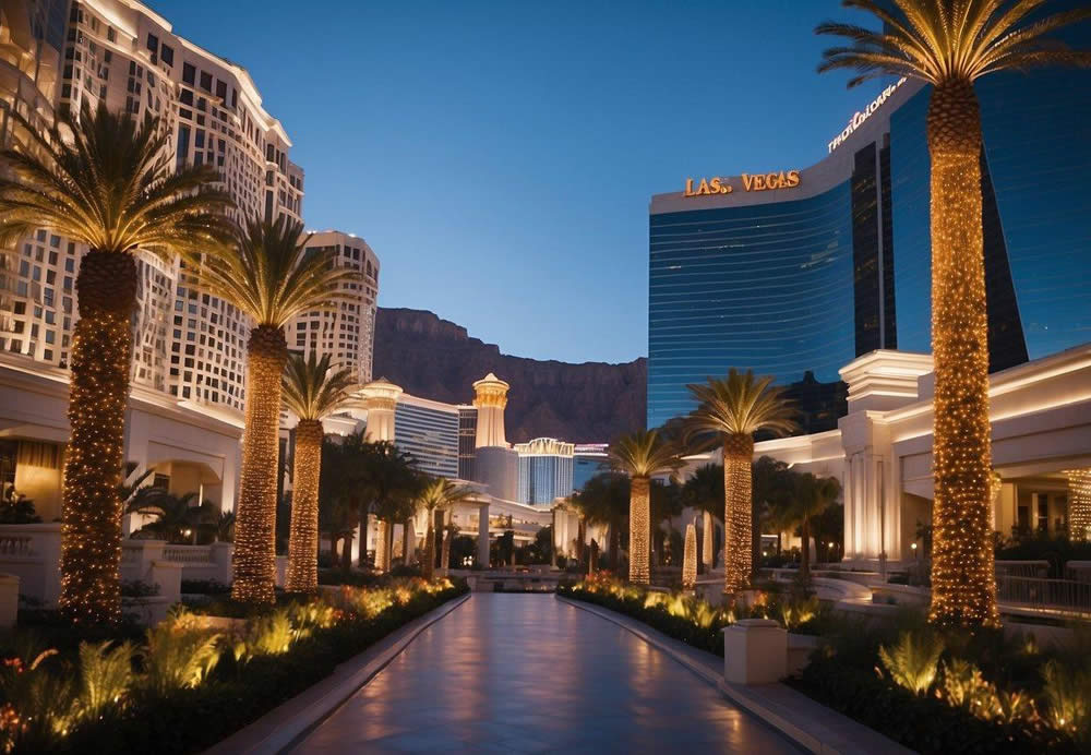 A grand, luxurious hotel with modern architecture and lush landscaping, surrounded by the vibrant lights and energy of the Las Vegas Strip