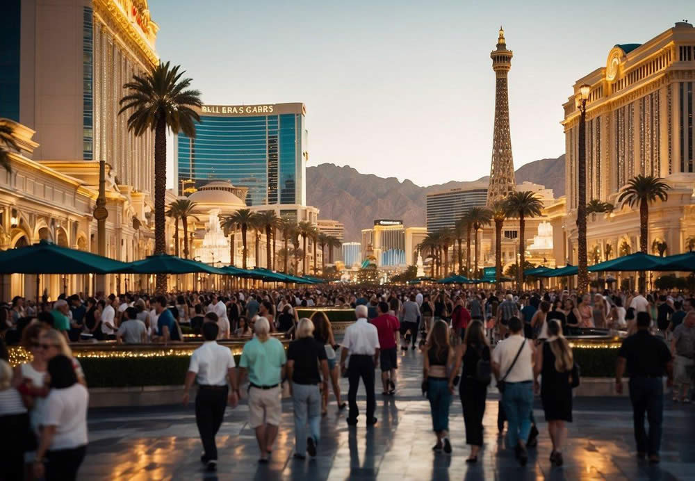 A bustling Las Vegas strip with iconic resort hotels, including Bellagio, Caesars Palace, and The Venetian. Bright lights, fountains, and crowds of people enjoying the attractions and activities