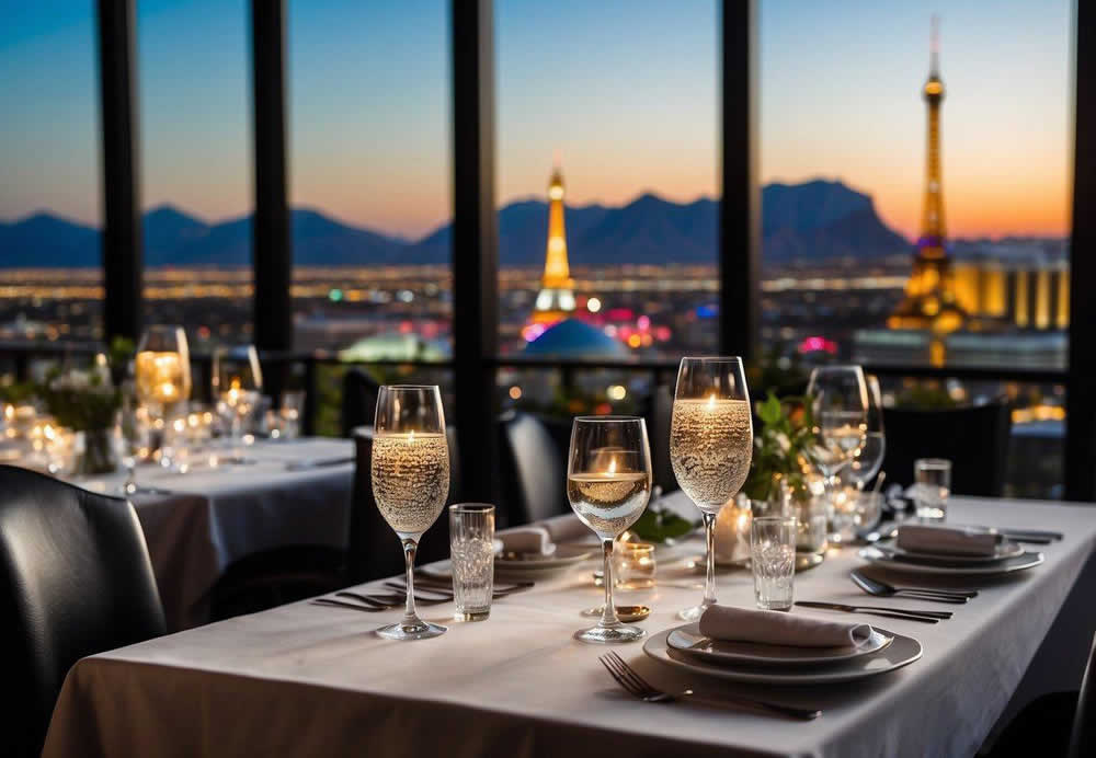 A bustling dining room with elegant decor and a panoramic view of the Las Vegas strip. Tables are set with fine linens and sparkling glassware, while guests enjoy gourmet cuisine and exquisite cocktails