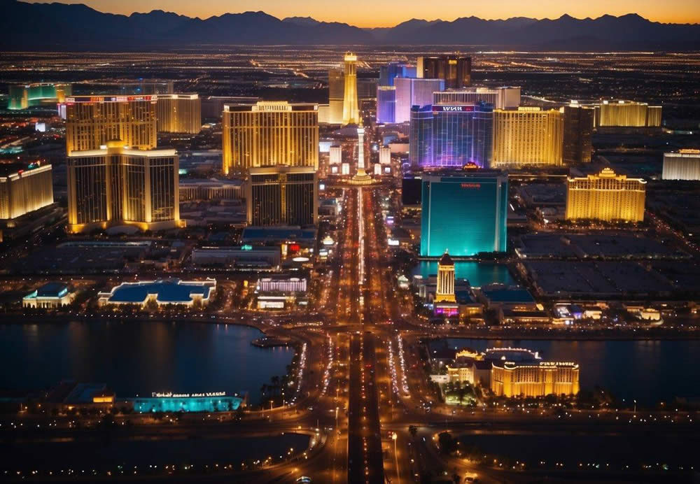 Aerial view of Las Vegas Strip with iconic resort hotels lined up, surrounded by bright lights and bustling nightlife