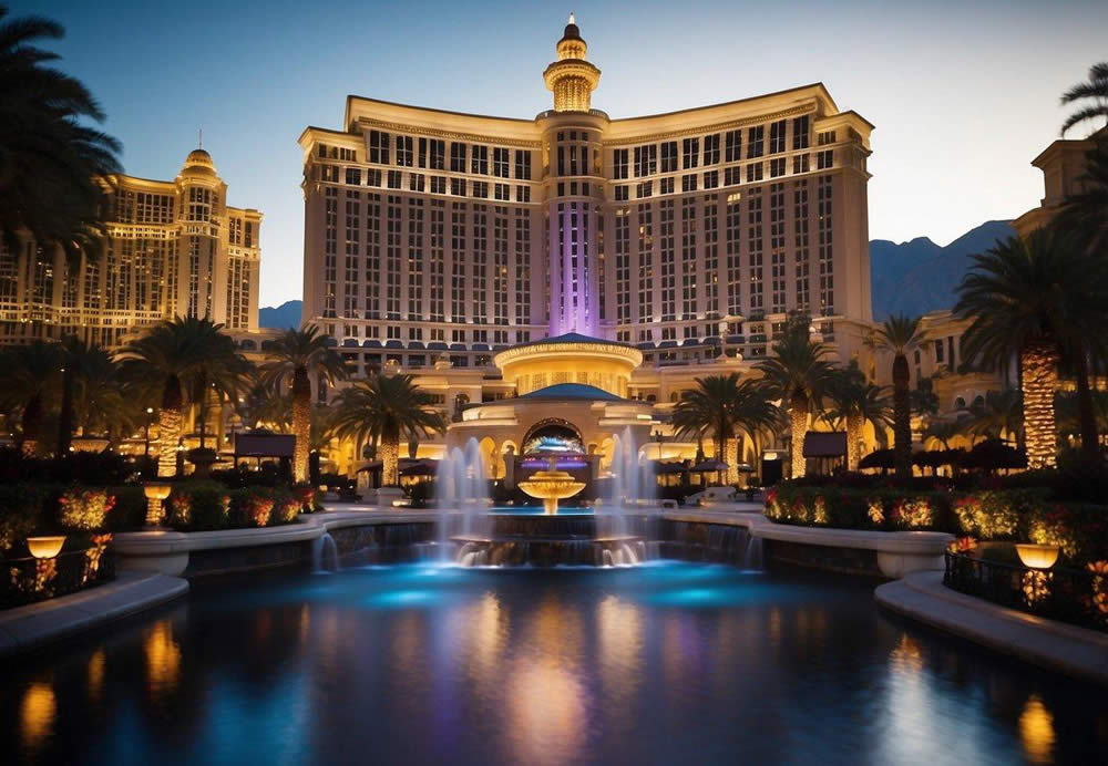 The Bellagio Hotel and Casino in Las Vegas glows with vibrant lights, surrounded by a backdrop of towering hotels and bustling streets