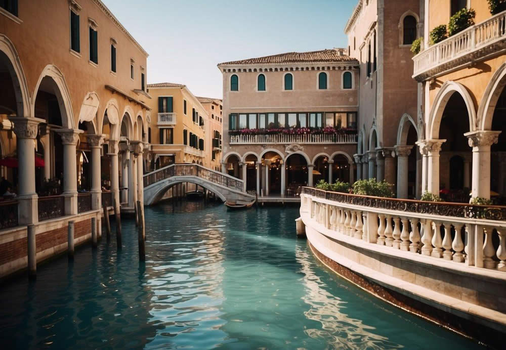 The Venetian Resort: A grand, opulent hotel with gondola-filled canals, ornate architecture, and bustling casino floors