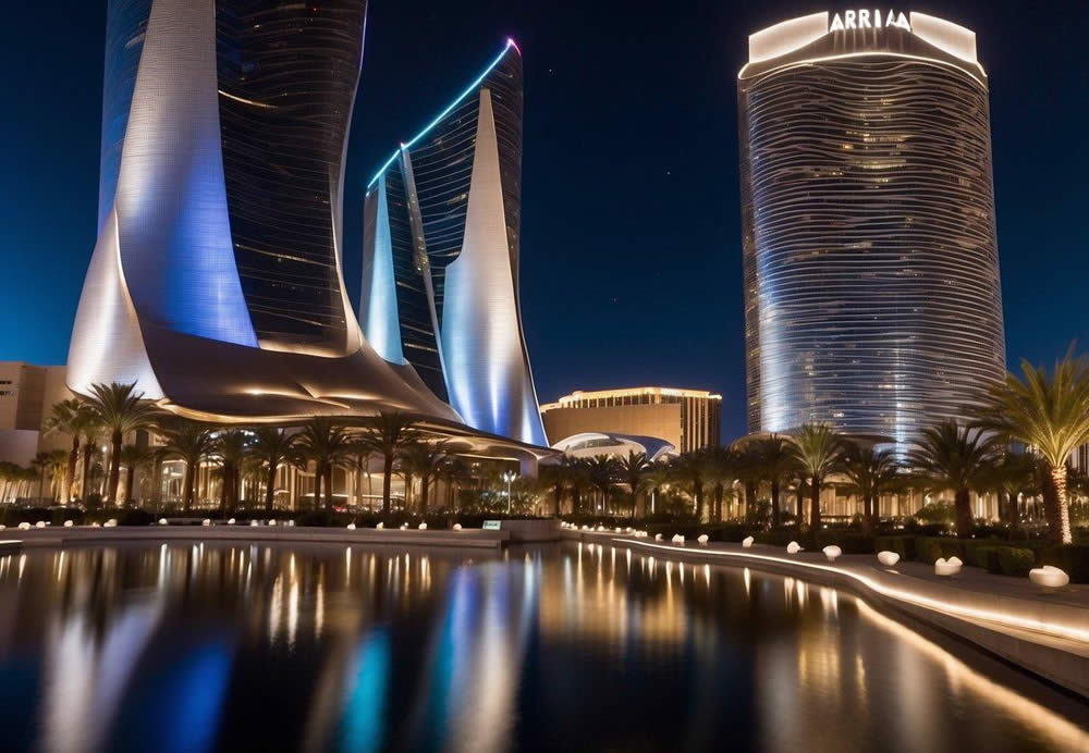 The Aria Resort & Casino towers over the Las Vegas Strip, its modern architecture and sleek design standing out against the bright lights and bustling activity of the city