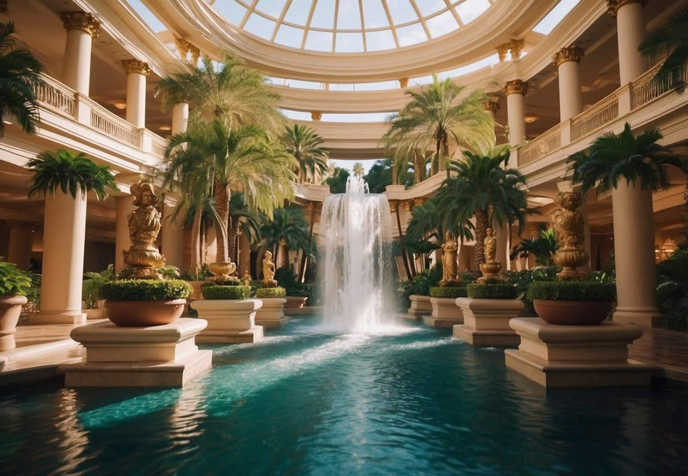 A grand entrance with towering pillars and a cascading waterfall, surrounded by lush greenery and elegant architecture, showcasing the opulence of Wynn Las Vegas