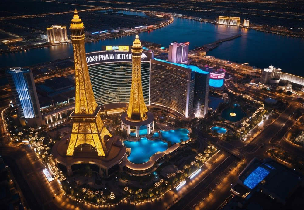 Aerial view of The Cosmopolitan of Las Vegas, surrounded by other resort hotels. Bright lights and bustling activity in the heart of the city