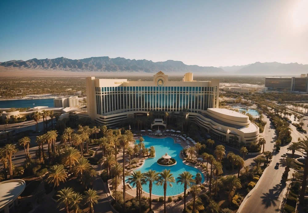 Aerial view of Mandalay Bay Resort and Casino in Las Vegas, surrounded by palm trees, pool area, and luxurious hotel buildings