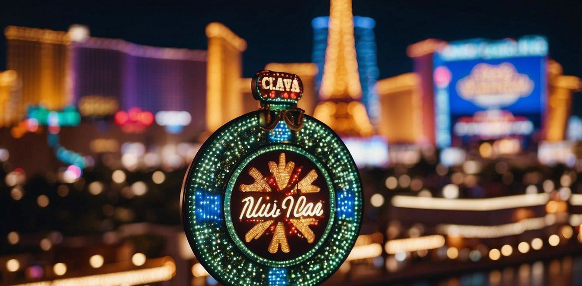 Bright lights of the famous Las Vegas Strip illuminate the night sky, with iconic casino signs and towering hotels lining the bustling streets