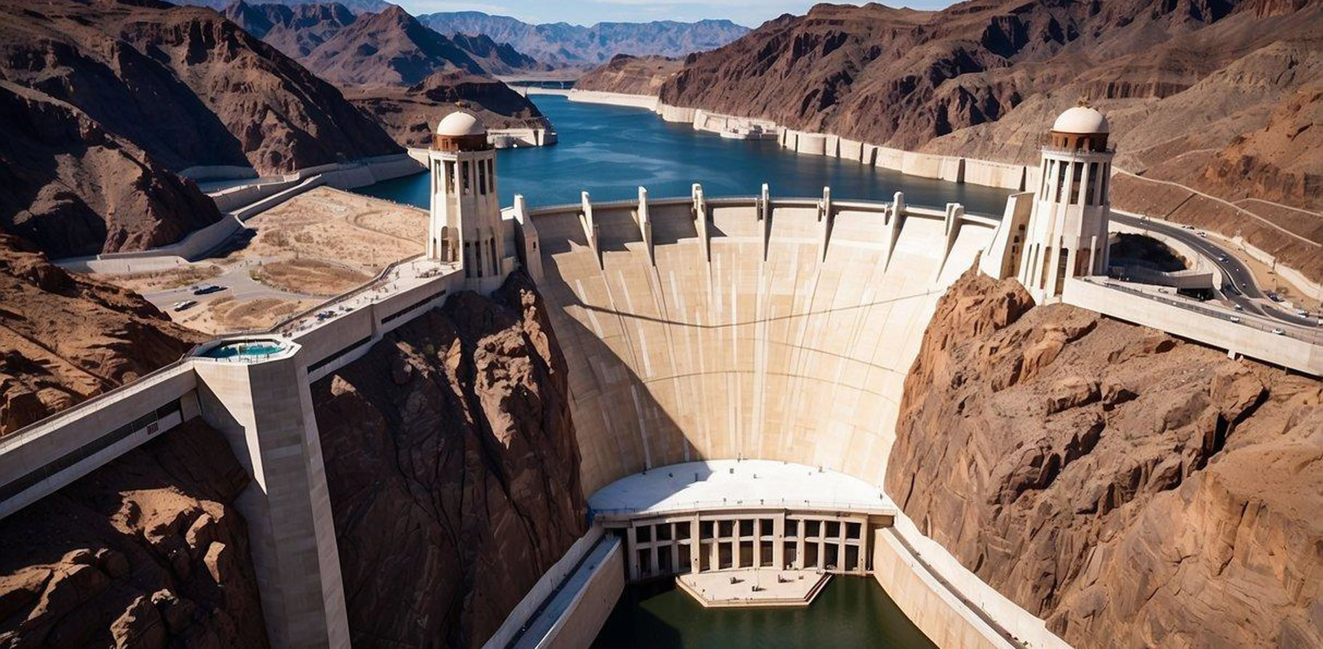 The Hoover Dam towers over the Colorado River, with its massive concrete structure and intricate water release system. The surrounding desert landscape adds to the impressive sight