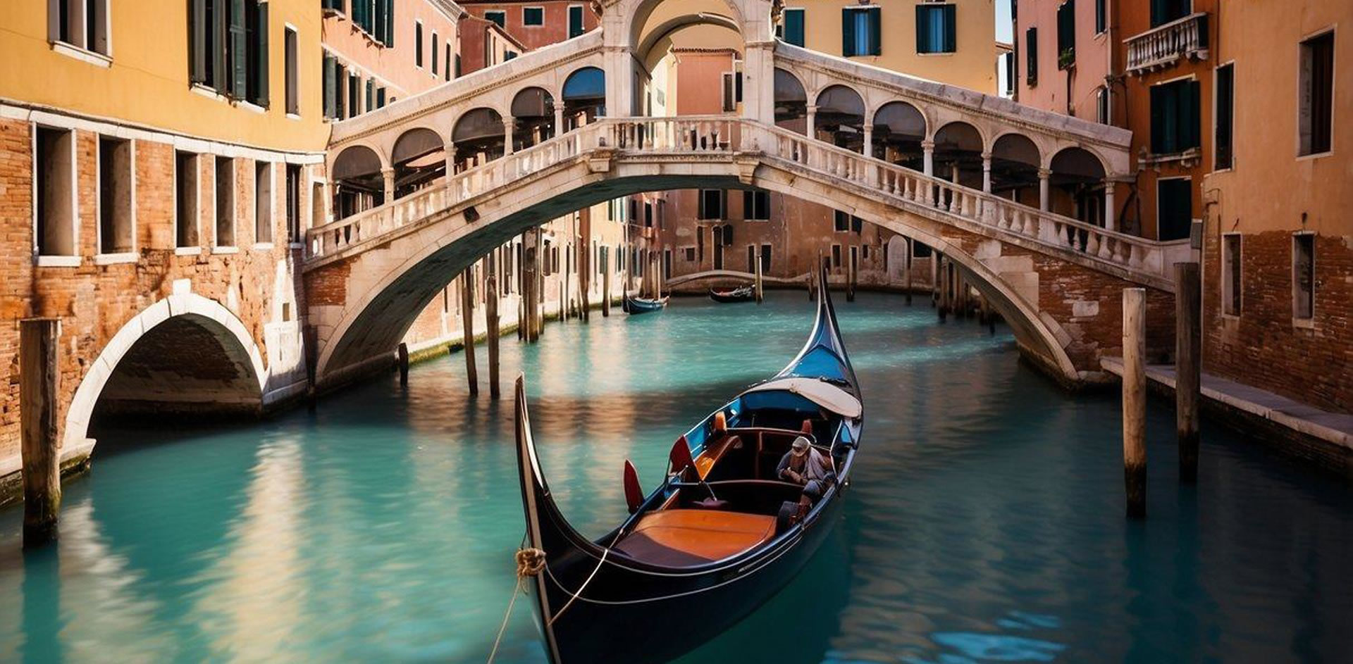 A gondola glides through the Venetian canals, passing by colorful buildings and arched bridges under a clear blue sky