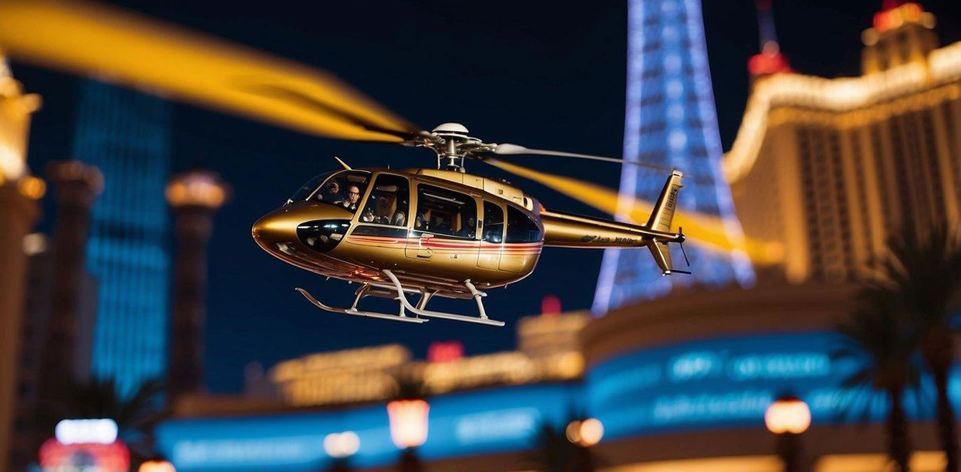 A helicopter flies over the Las Vegas Strip at night, passing by iconic landmarks like the Bellagio fountains and the Eiffel Tower replica