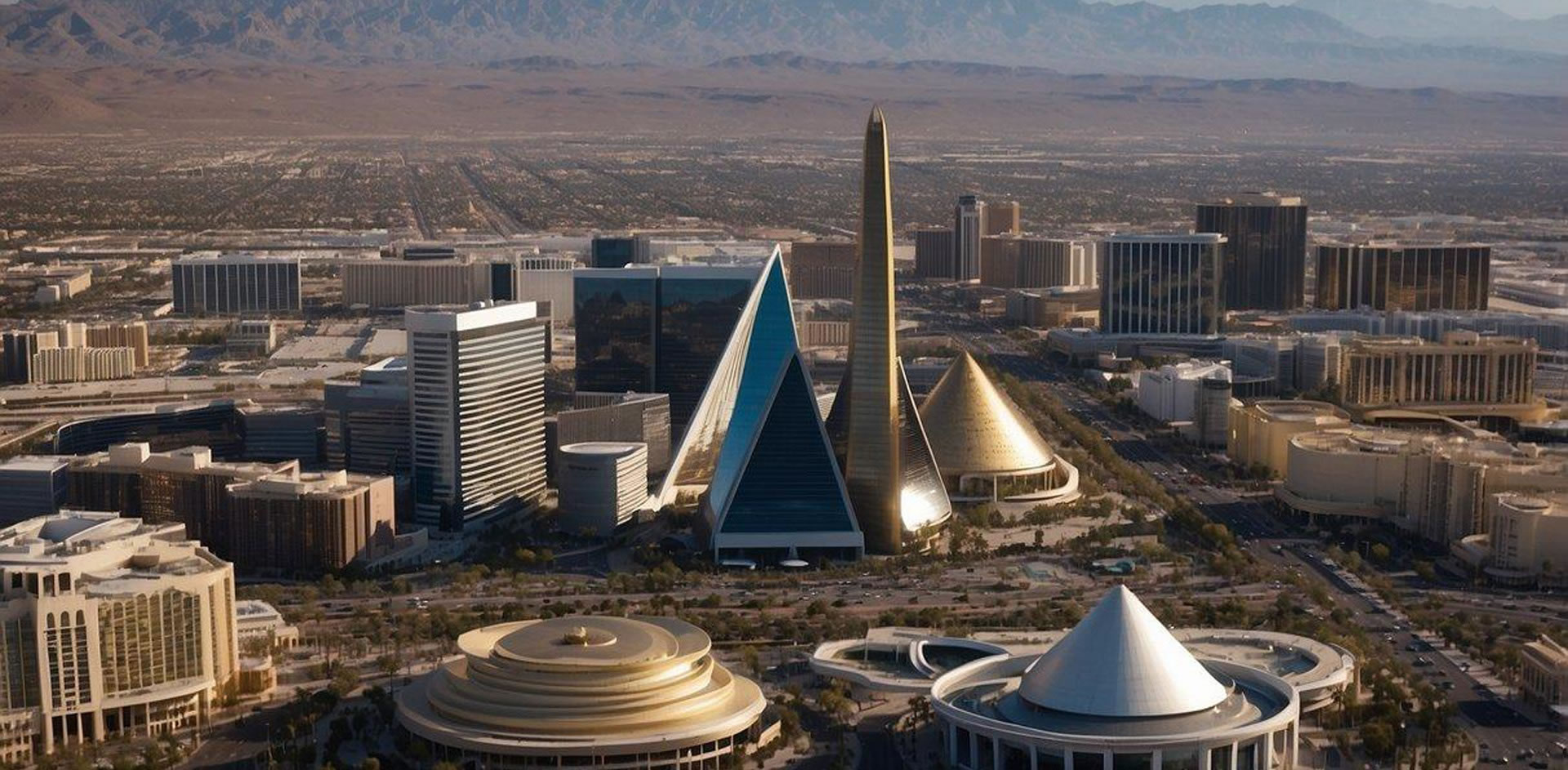 Aerial view of Las Vegas skyline with iconic architectural marvels like the Luxor Pyramid, Eiffel Tower replica, and the High Roller observation wheel