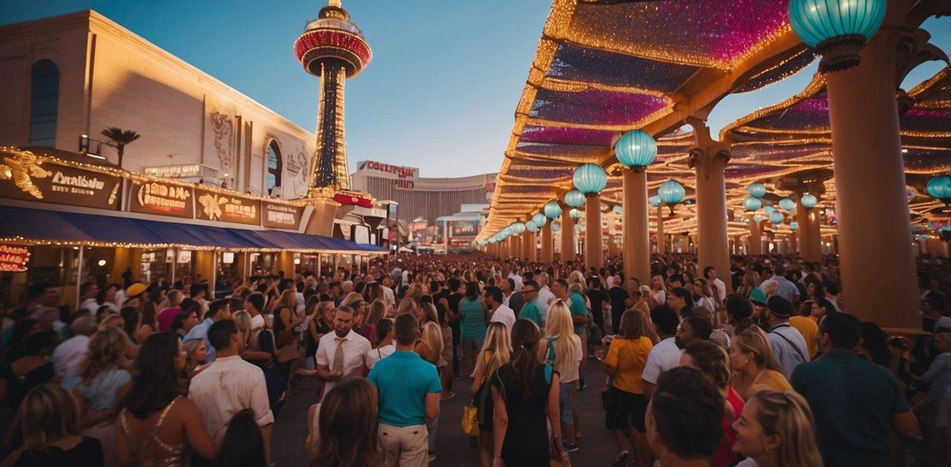 Crowds gather around colorful booths and stages at a lively festival in Las Vegas. Bright lights and vibrant decorations create a festive atmosphere