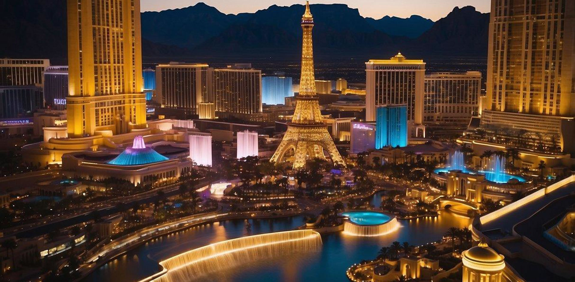 The bright lights of the Las Vegas strip illuminate the bustling streets, showcasing iconic landmarks like the Bellagio fountains and the High Roller observation wheel