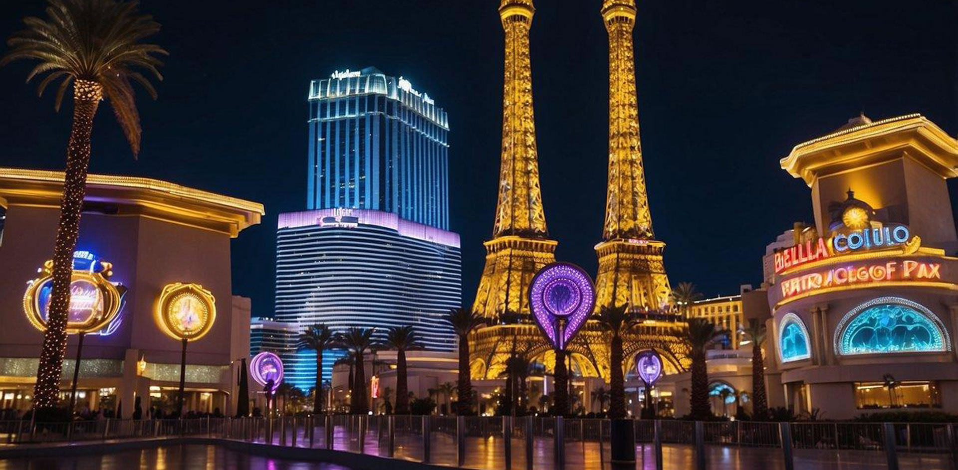 The iconic Las Vegas Strip glows with neon lights, showcasing famous landmarks like the Bellagio fountains and the Eiffel Tower replica. Casinos and resorts line the bustling street, capturing the city's history and cultural significance