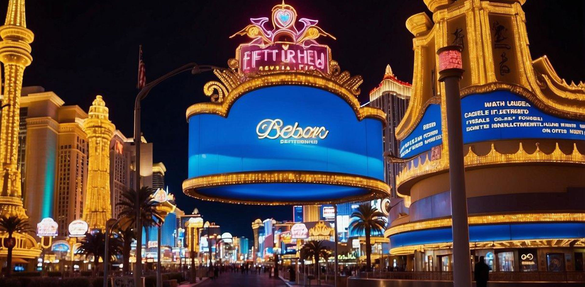 Neon lights illuminate the bustling streets of the Las Vegas Strip. Casinos, hotels, and entertainment venues line the vibrant thoroughfare, creating a dazzling display of color and excitement