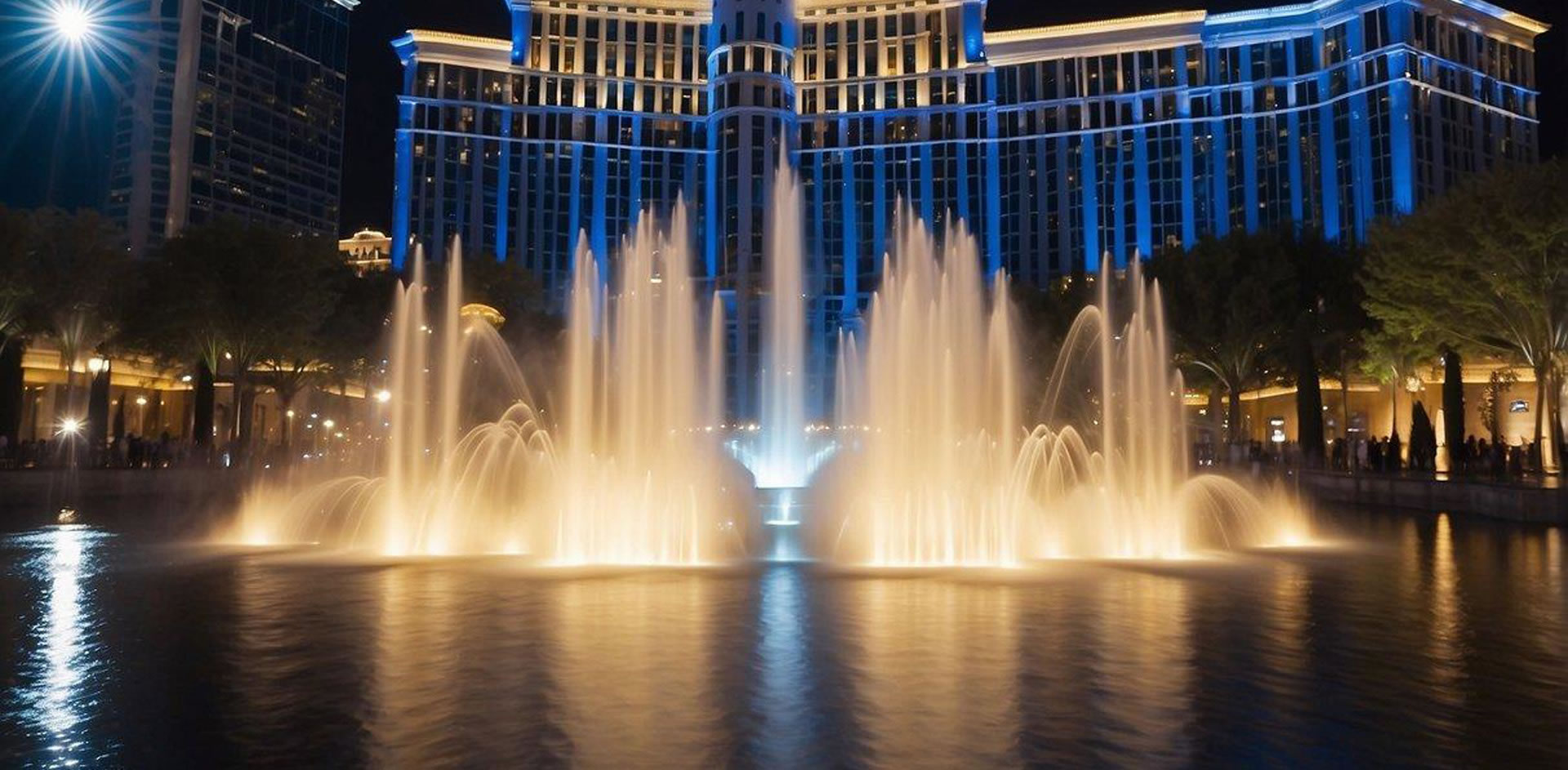 The Bellagio Fountains shoot water high into the air, choreographed to music, with colorful lights illuminating the display