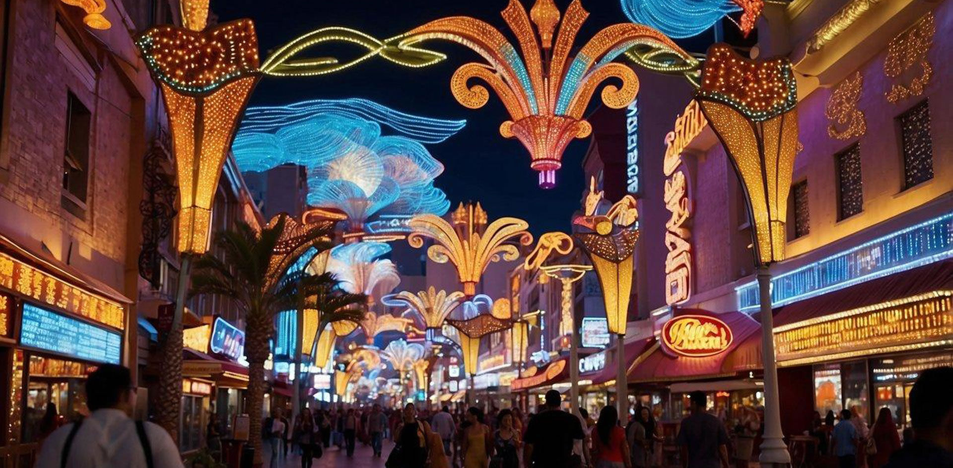 Colorful neon lights illuminate Fremont Street, with bustling crowds and street performers adding to the lively atmosphere. Casinos and shops line the pedestrian mall, while the iconic Viva Vision canopy overhead dazzles with its light show