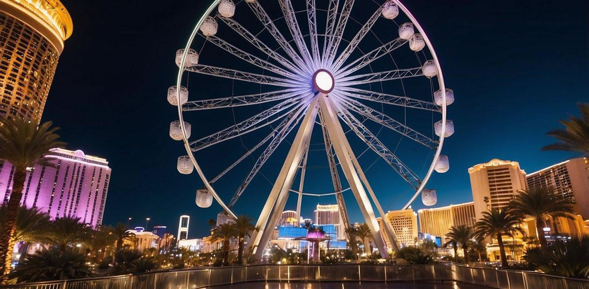 The High Roller observation wheel towering over the Las Vegas skyline, surrounded by vibrant lights and bustling city streets