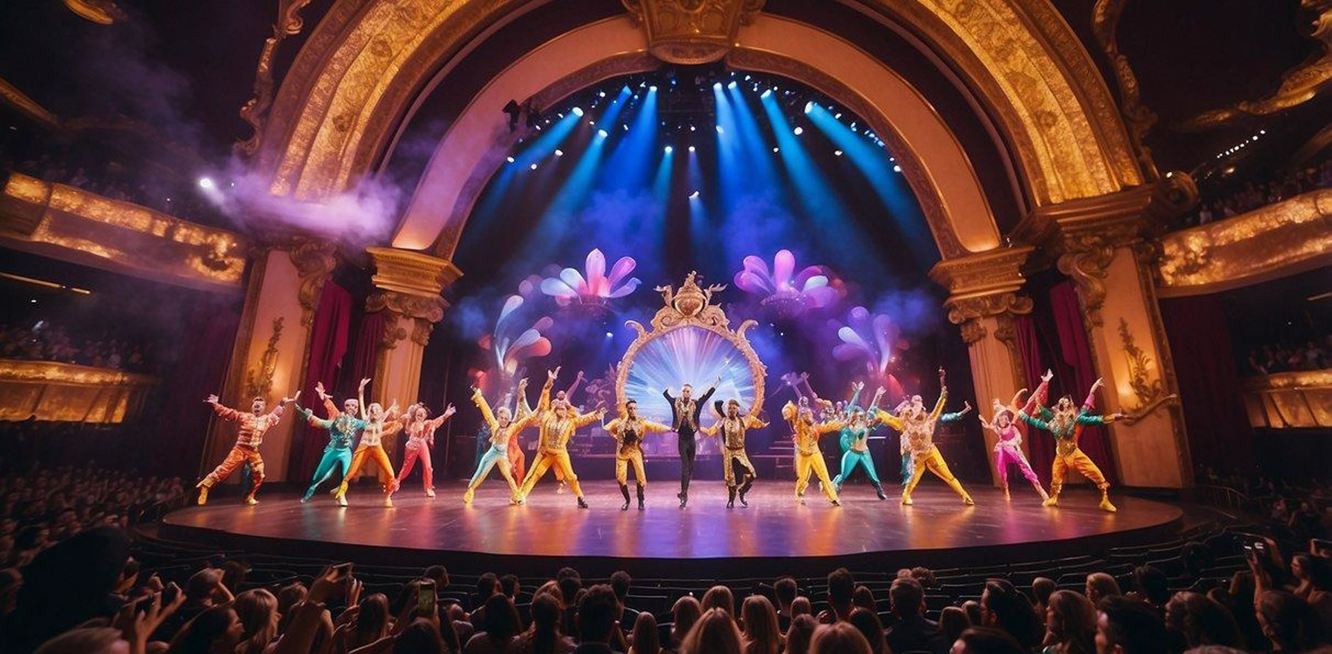 A colorful and dynamic stage filled with acrobats, dancers, and performers in extravagant costumes, surrounded by a mesmerized audience in a grand Las Vegas theater