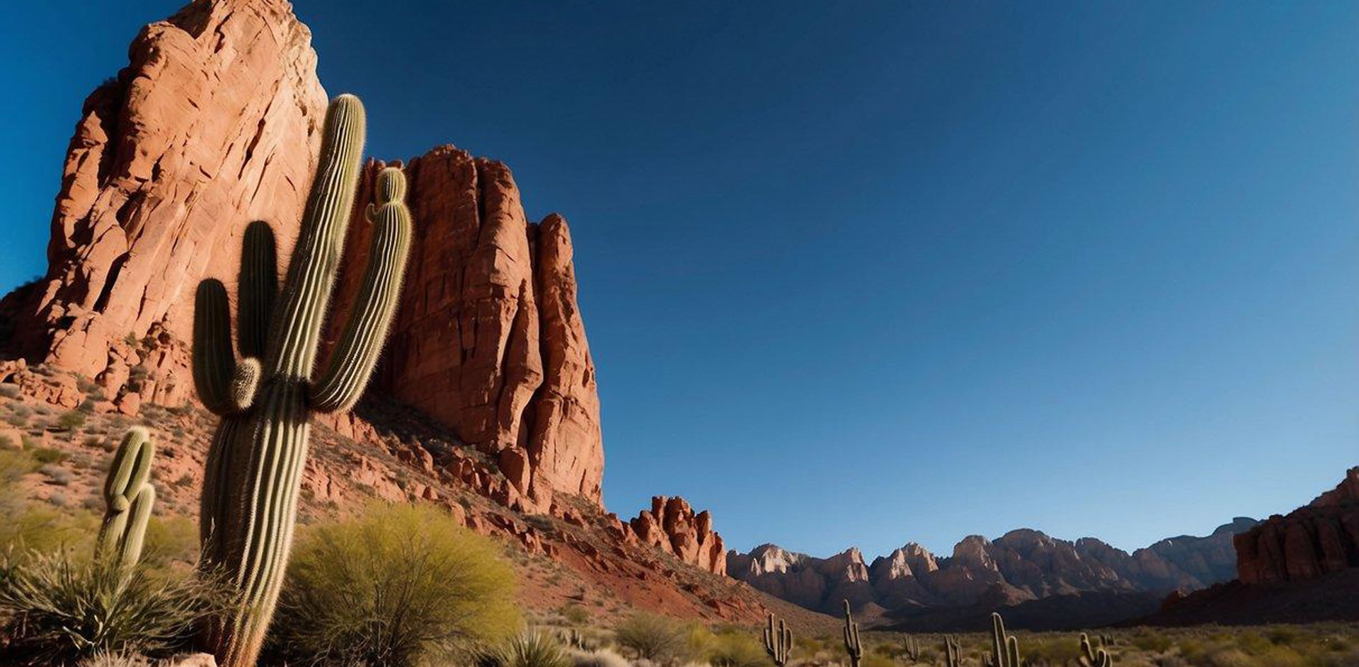 Vibrant red rock formations rise against a clear blue sky in Red Rock Canyon, Las Vegas. Cacti and desert plants dot the rugged landscape, while hikers and rock climbers explore the dramatic terrain