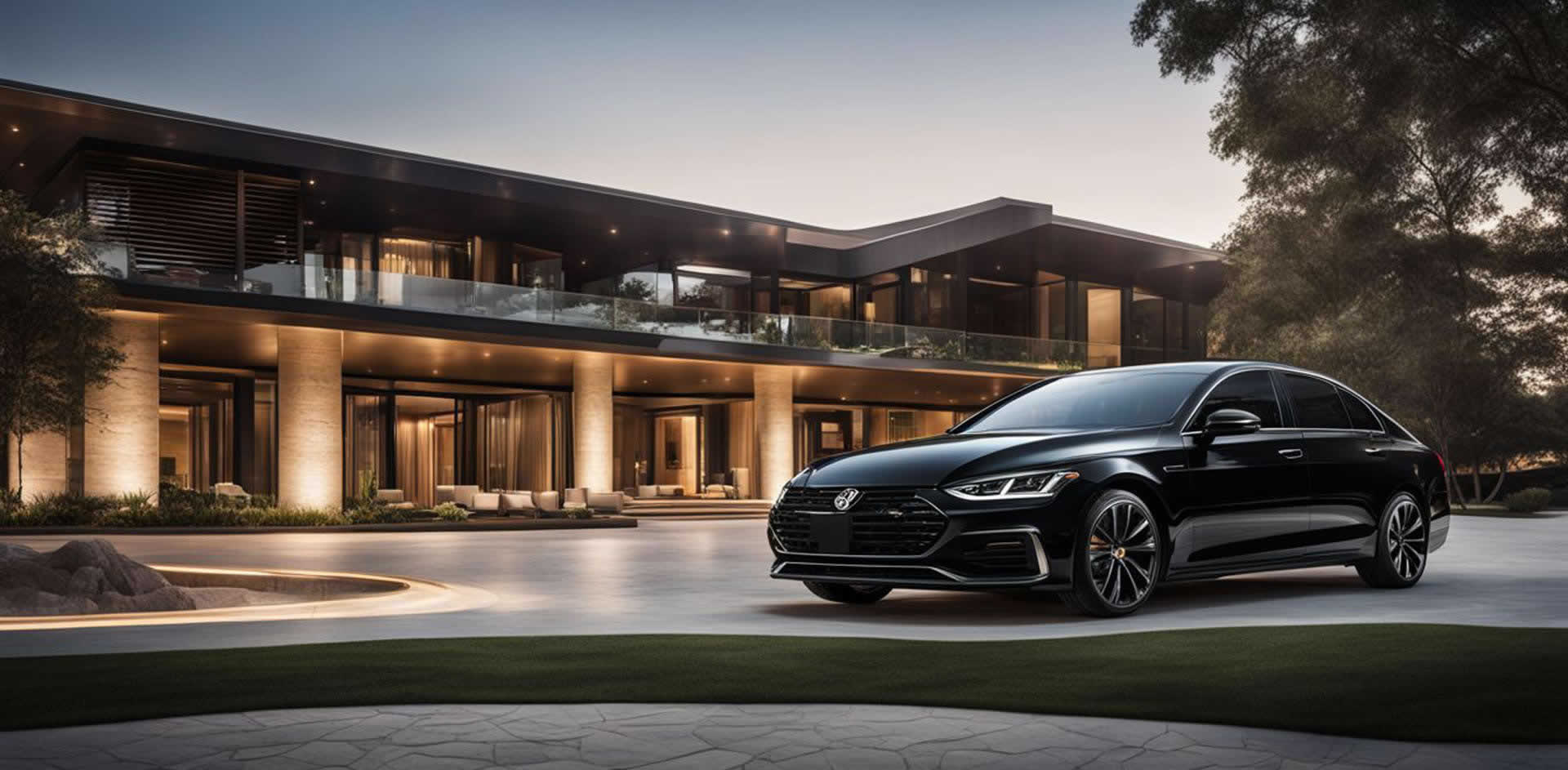 A black car parked in front of a house