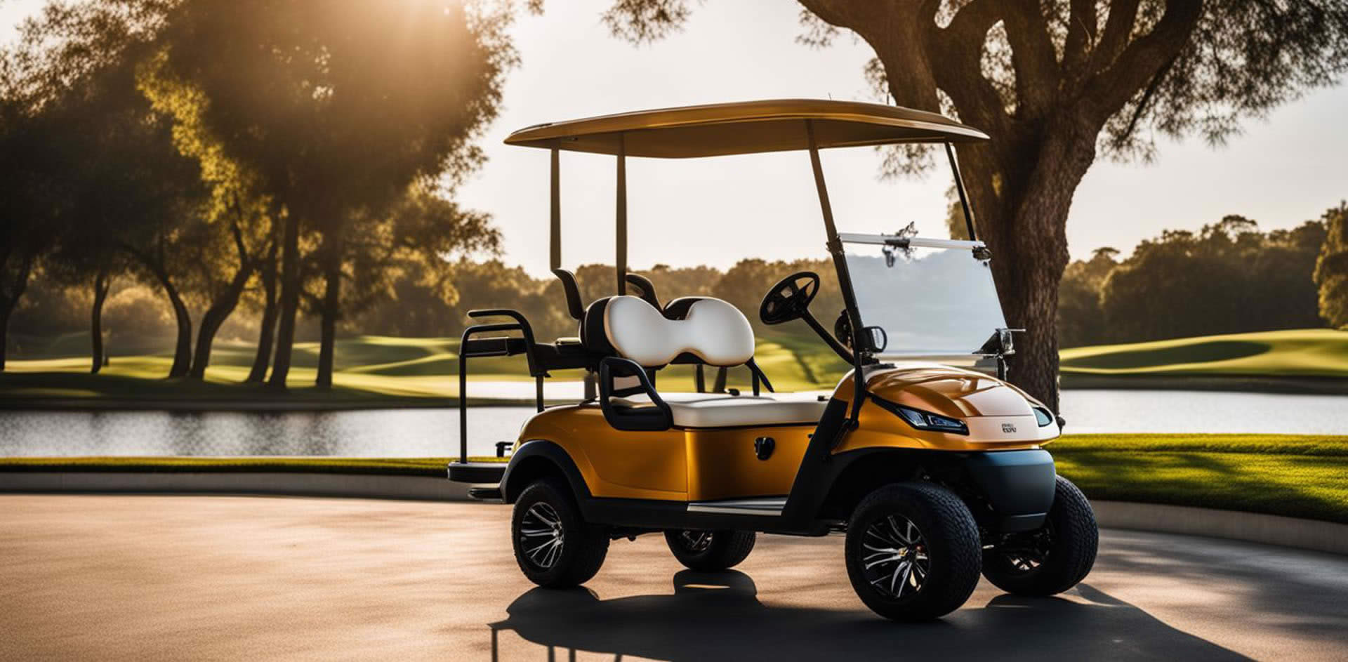 A golf cart parked on a road