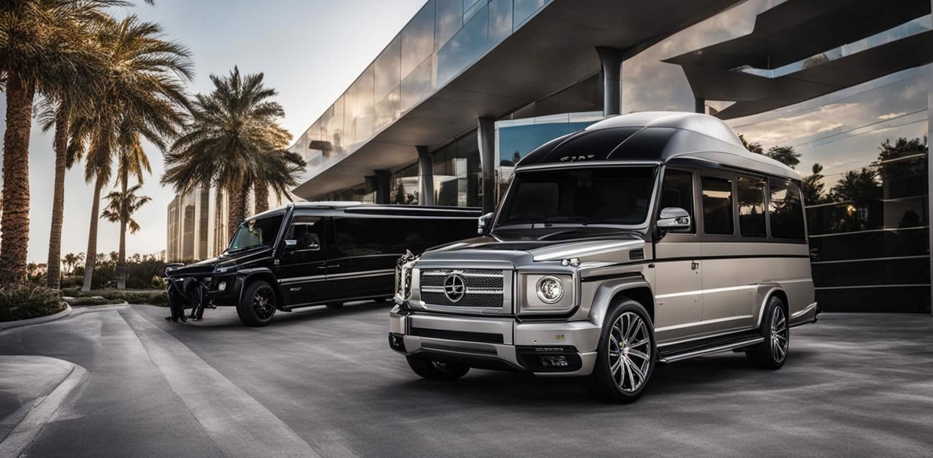 A group of black and silver vehicles parked in front of a building