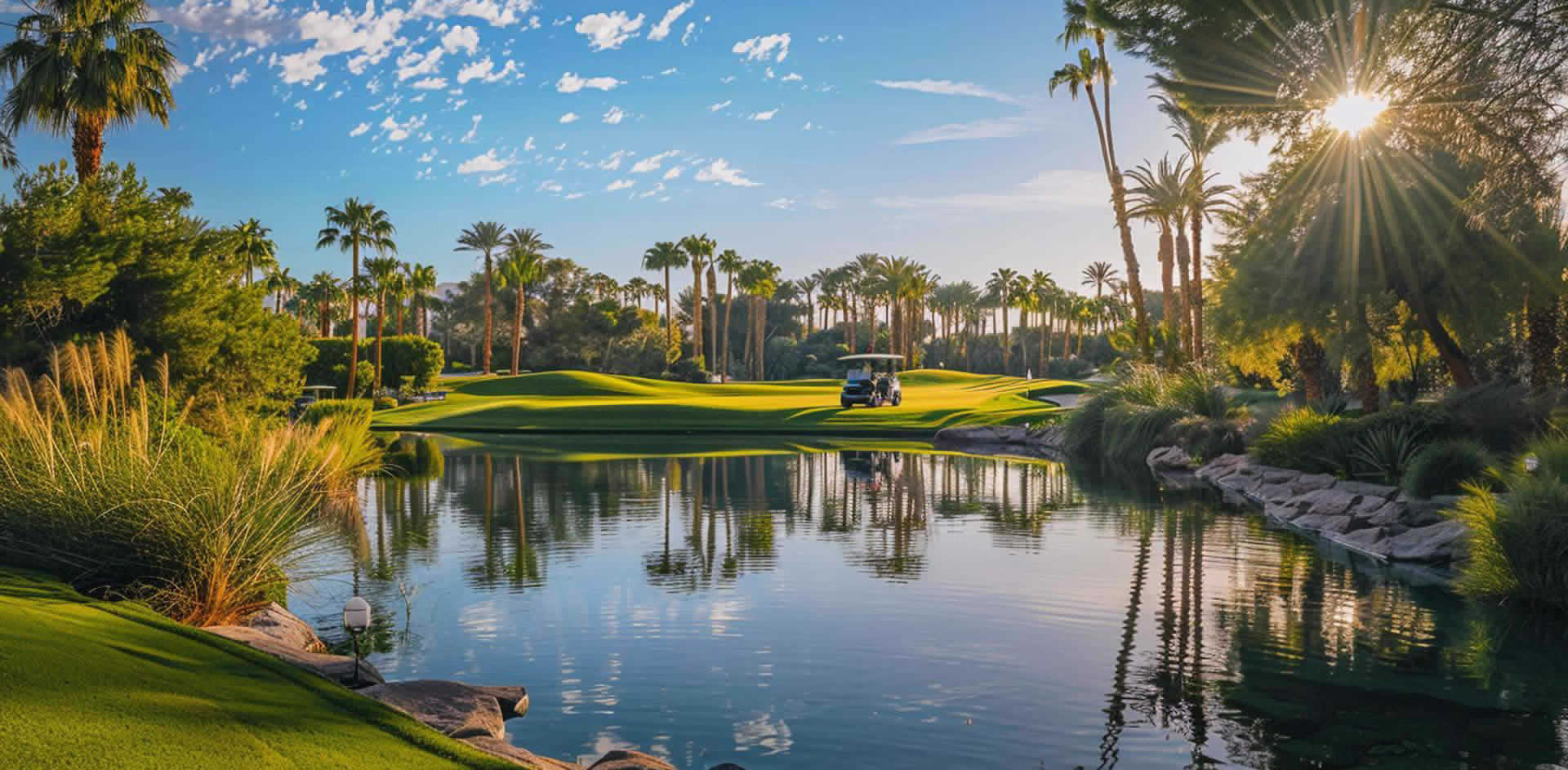 A golf course with a body of water and palm trees