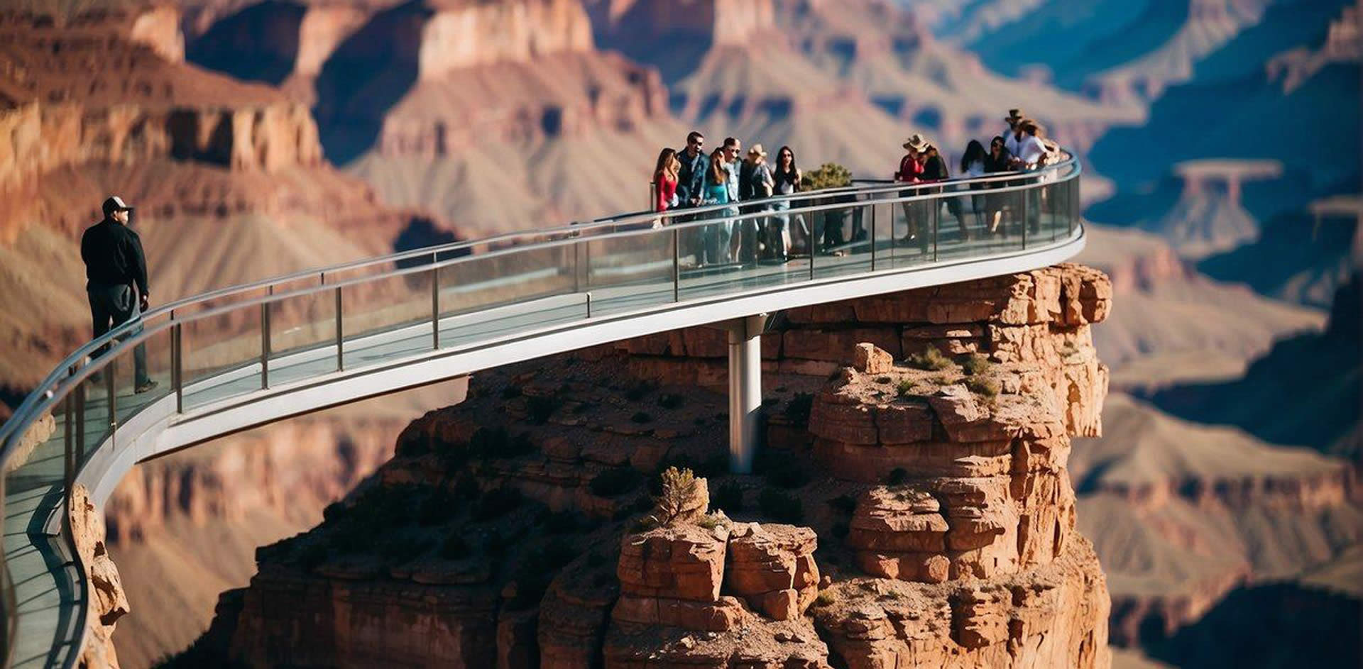 The Grand Canyon West Skywalk Tours feature luxury experiences from Las Vegas. The scene includes a stunning view of the canyon, with tour guides and visitors enjoying the breathtaking landscape