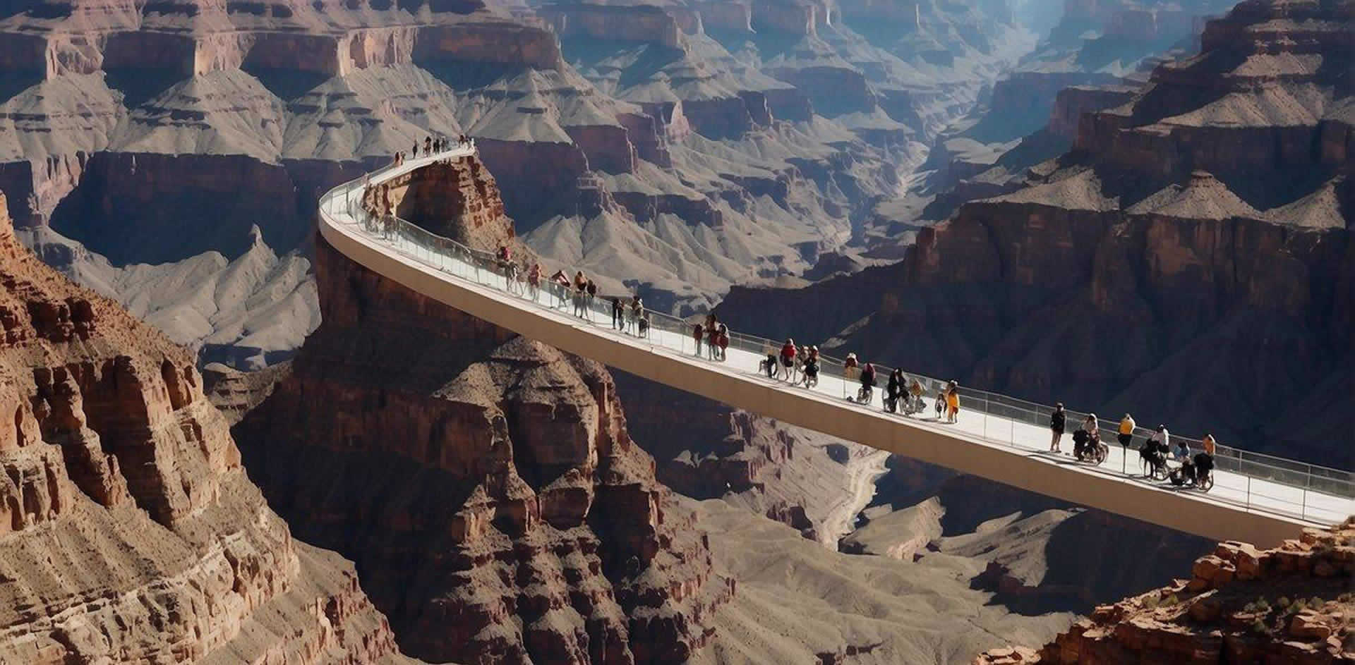 A group of tourists on a luxury tour from Las Vegas approach the Grand Canyon West Skywalk, with the vast canyon stretching out before them