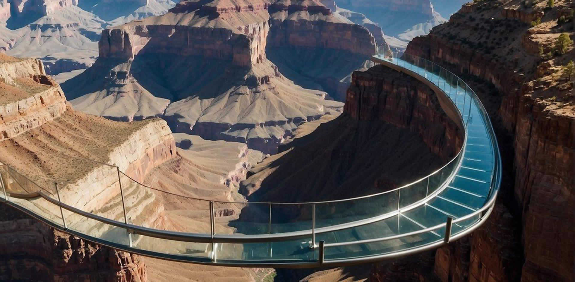 The glass-bottomed Skywalk juts out over the Grand Canyon, offering a breathtaking view of the rugged landscape below. The sky stretches out endlessly above, creating a sense of awe and wonder