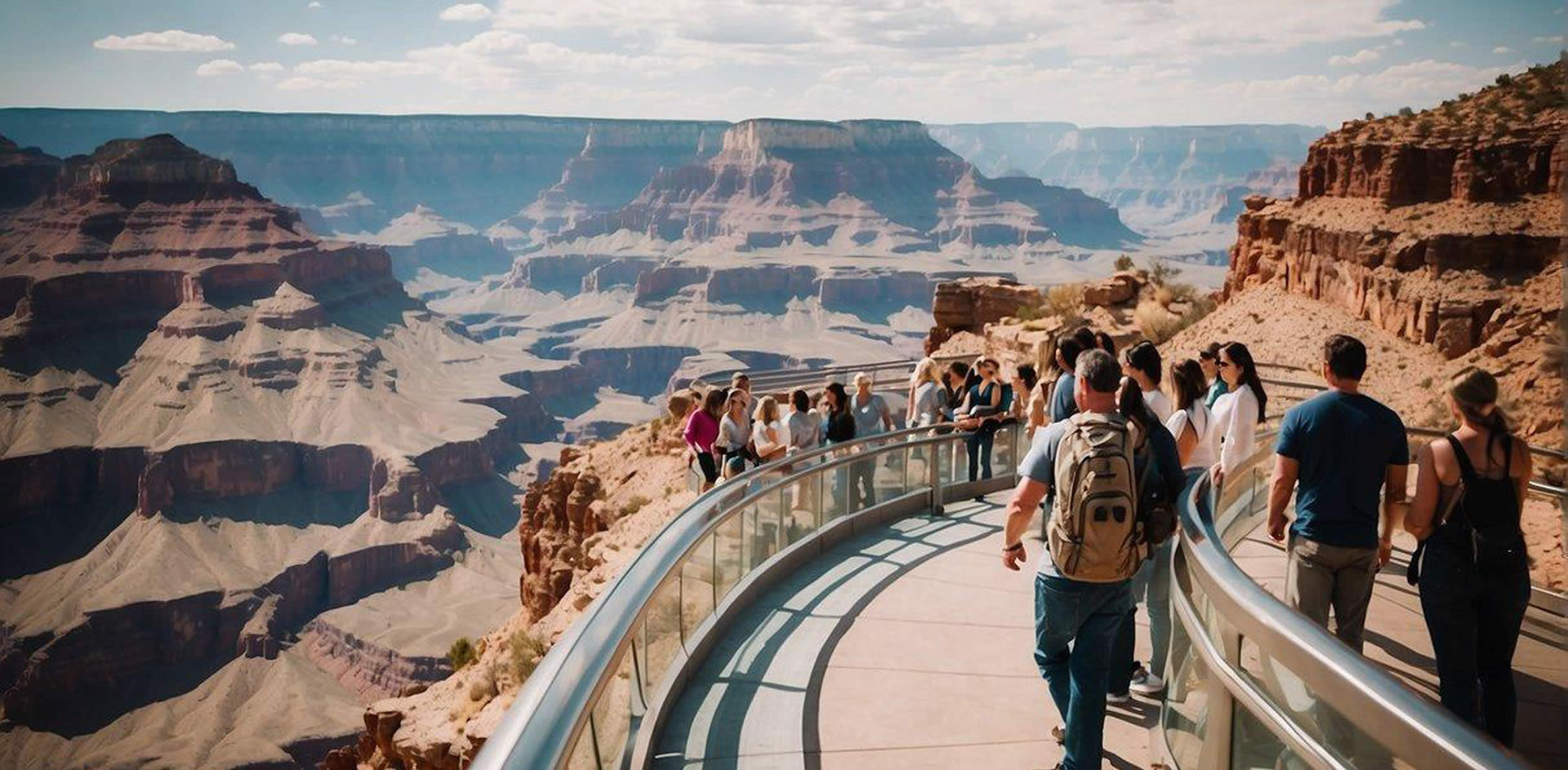 A group of tourists enjoy a luxury tour from Las Vegas to the Grand Canyon West Skywalk. The scene includes the stunning natural beauty of the canyon and the modern infrastructure of the skywalk