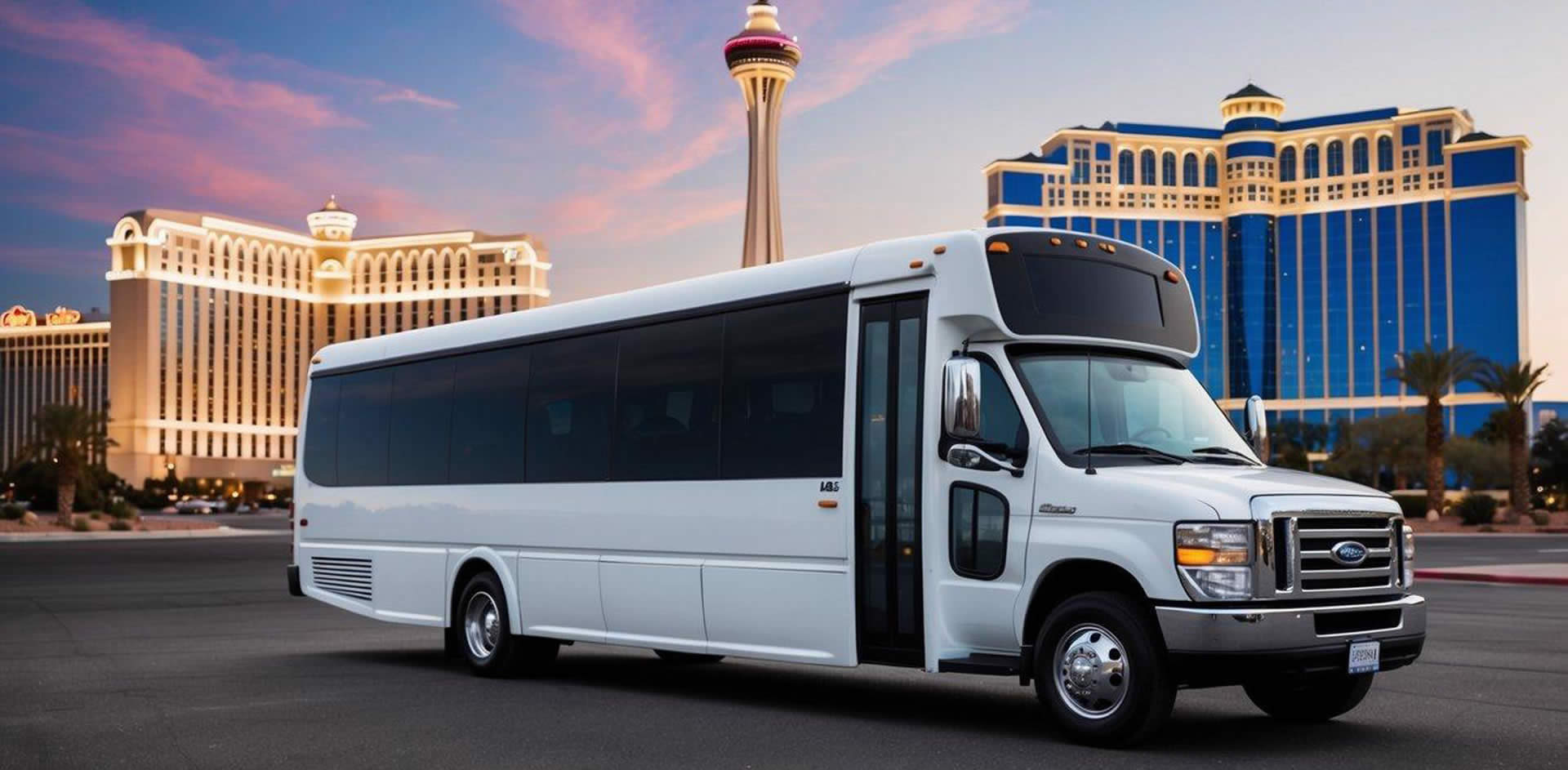 A charter bus parked in front of a Las Vegas hotel, with the iconic city skyline in the background