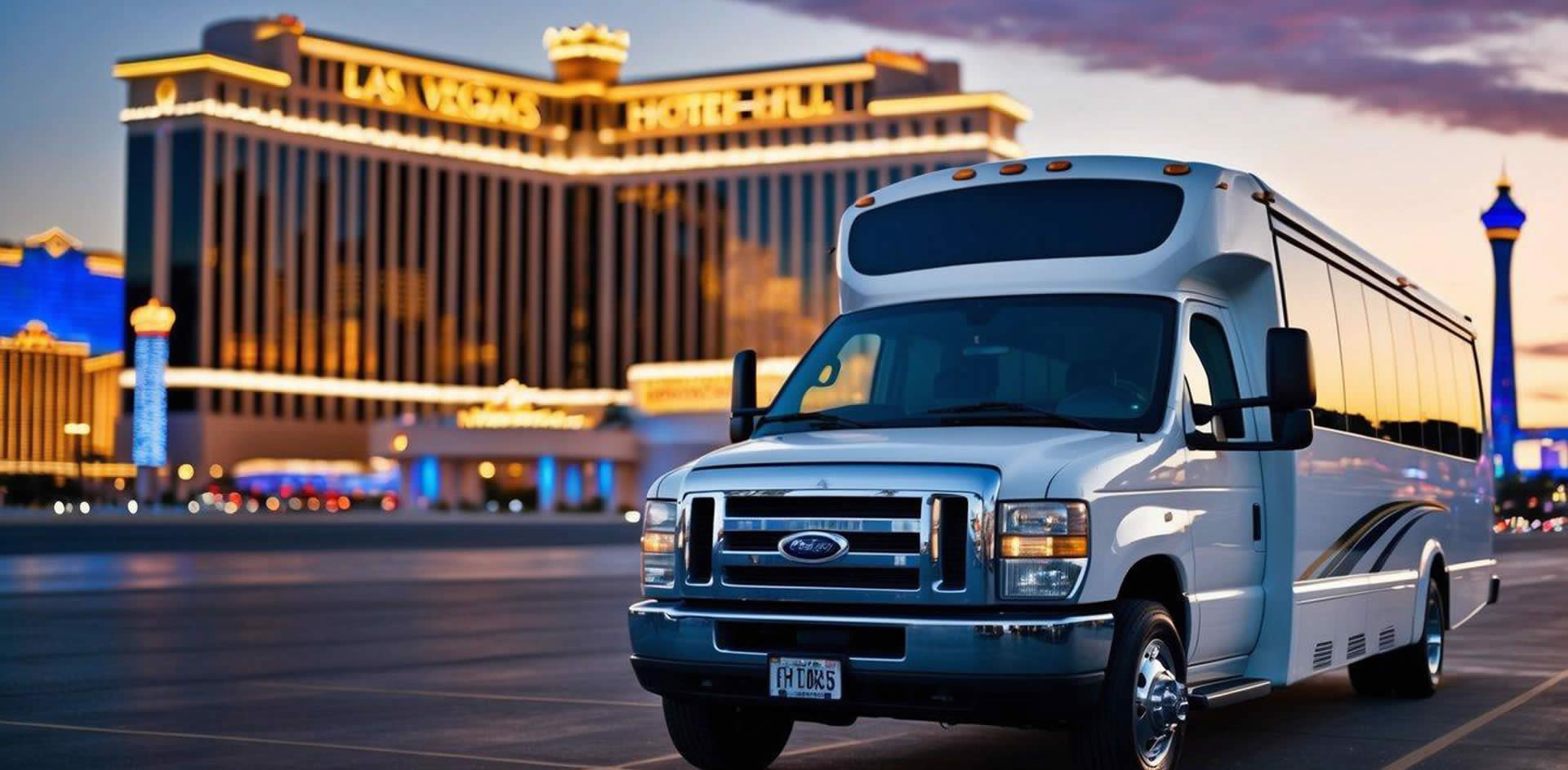 A charter bus parked in front of a Las Vegas hotel, with the famous strip in the background