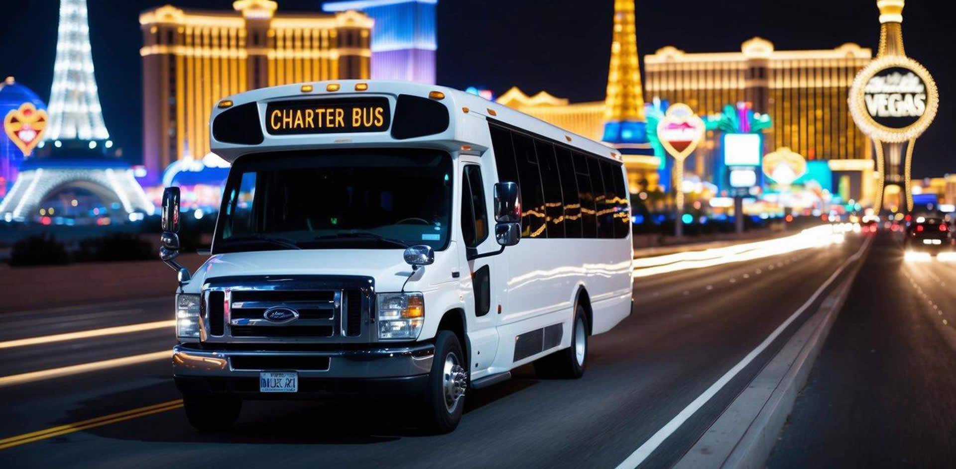 A charter bus driving through the Las Vegas Strip at night, with bright lights and iconic landmarks in the background