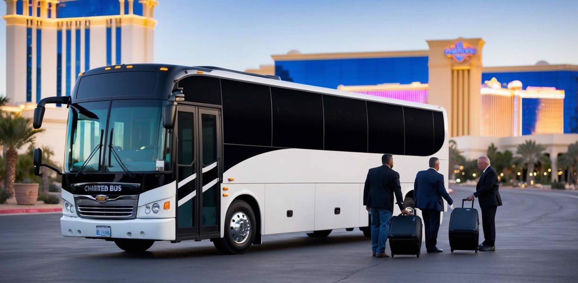 A charter bus parked in front of a Las Vegas hotel, with the iconic Strip in the background and a group of people unloading luggage