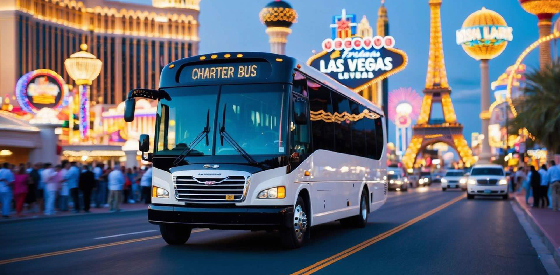 A charter bus driving past famous Las Vegas landmarks and attractions, with bright lights and bustling crowds