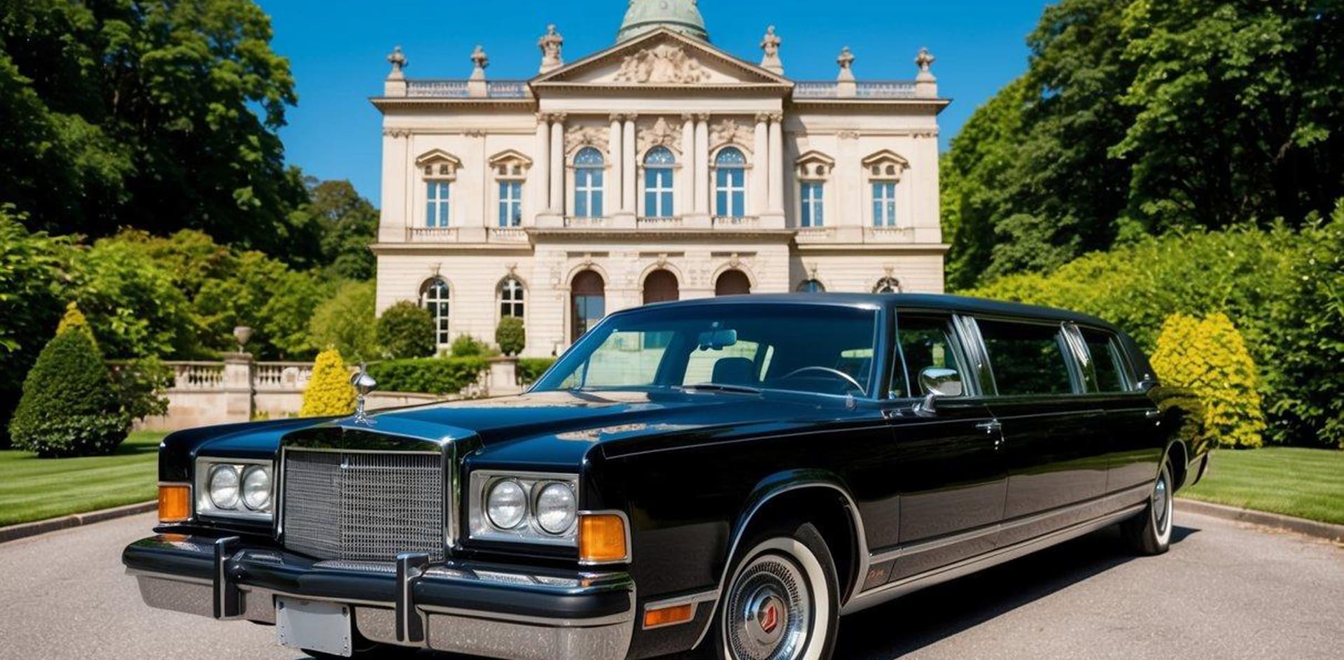 A vintage limousine parked in front of a grand, historic building, surrounded by lush greenery and a clear blue sky