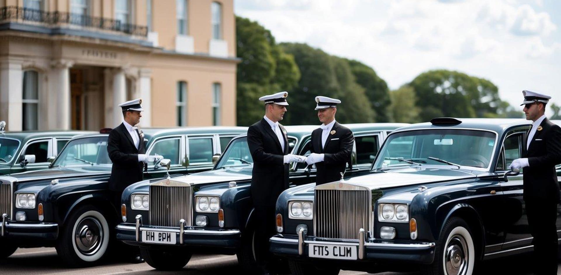 A line of vintage limousines parked outside a grand hotel, with chauffeurs in uniform opening doors for elegantly dressed passengers