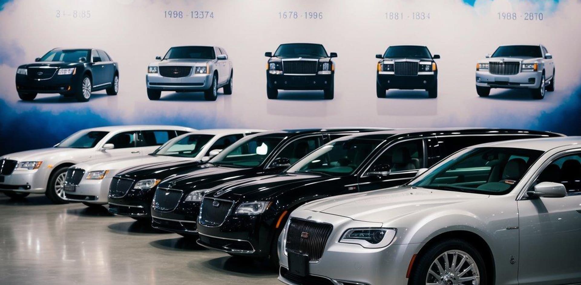 A row of sleek modern limousines parked in front of a backdrop showcasing the evolution of the limousine industry through the ages