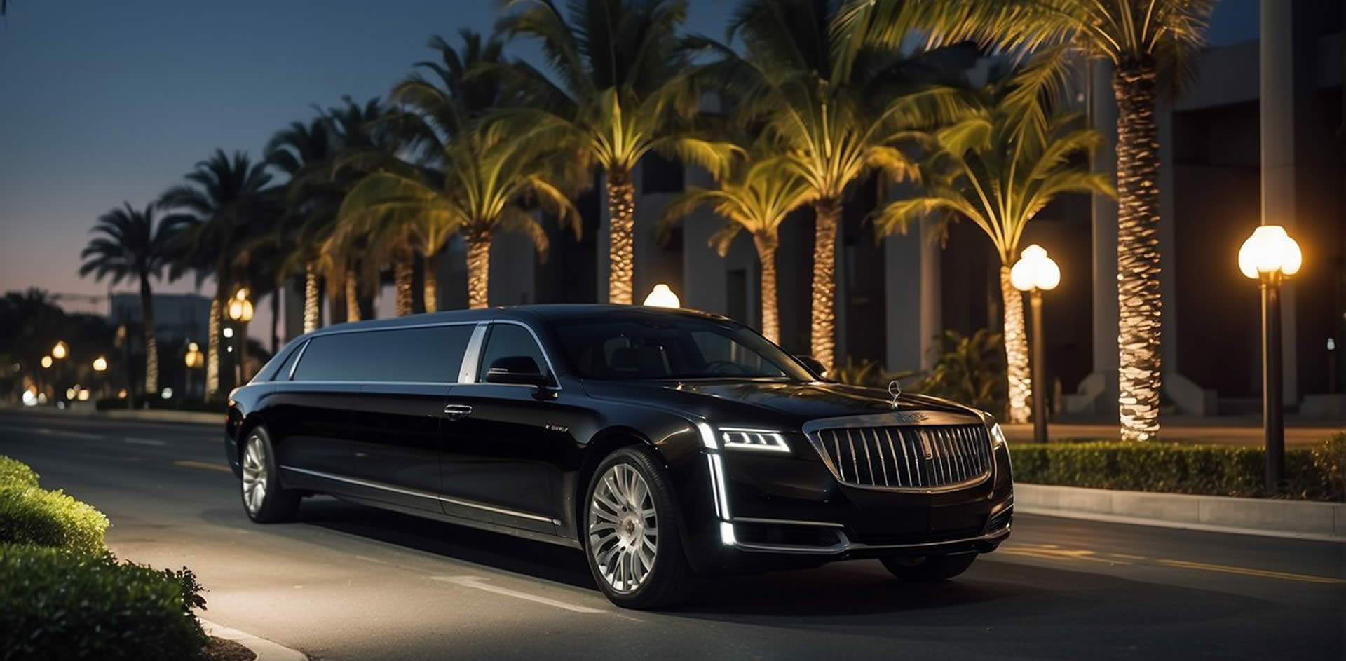 A sleek, black limousine pulls up to a grand airport entrance, surrounded by palm trees and glowing city lights. The luxurious vehicle exudes elegance and sophistication, promising a top-notch experience for its passengers