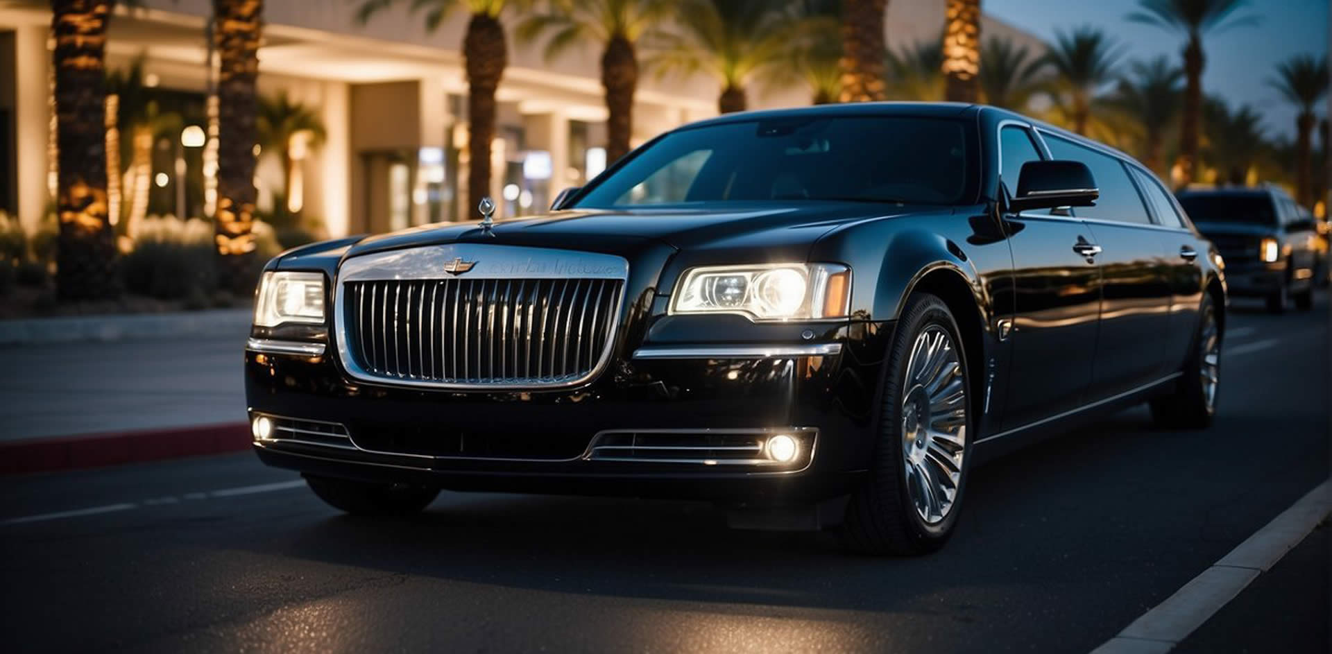A sleek black limousine pulls up to the entrance of a luxurious Las Vegas airport, surrounded by palm trees and bright city lights