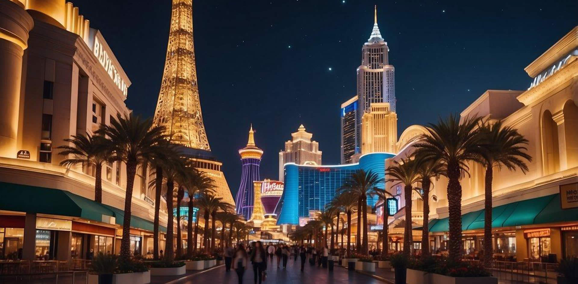 A bustling Las Vegas strip with 10 iconic restaurants lit up against the night sky, showcasing diverse culinary styles and vibrant ambiance