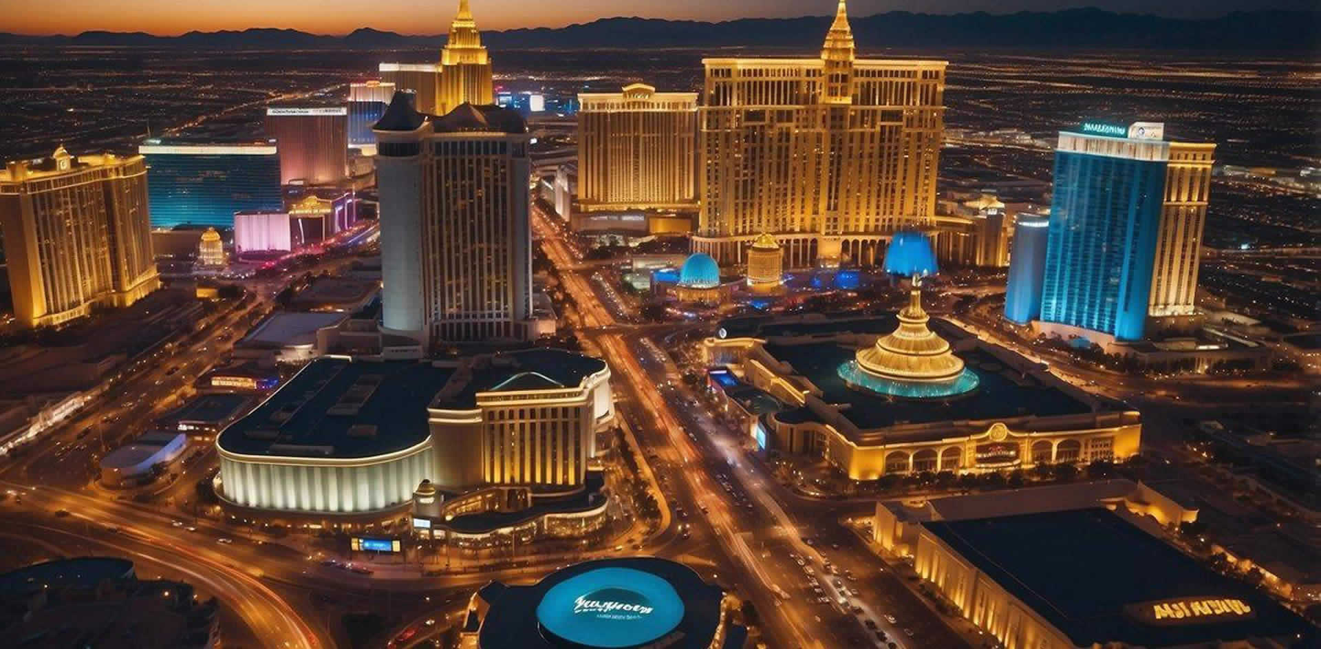 A bustling cityscape with bright lights and towering buildings, showcasing the top 10 best restaurants in Las Vegas, Nevada