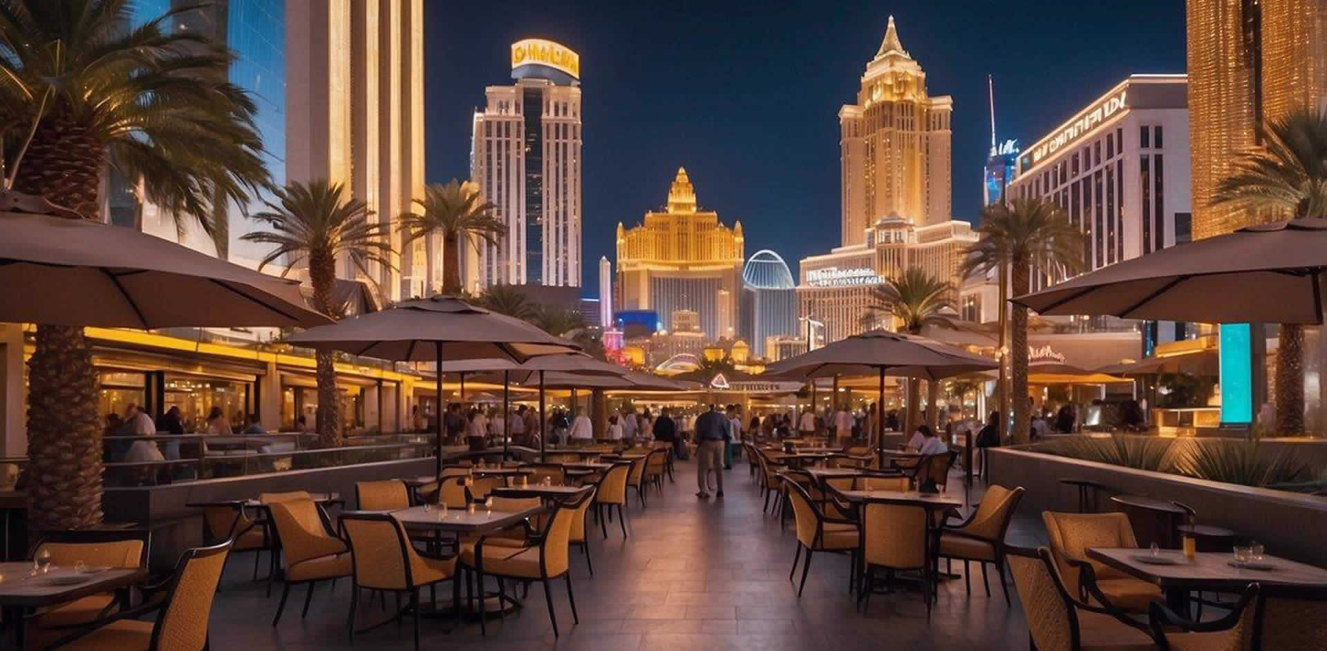 A bustling Las Vegas strip with neon signs and outdoor dining patios, showcasing a range of international cuisines from the top 10 best restaurants