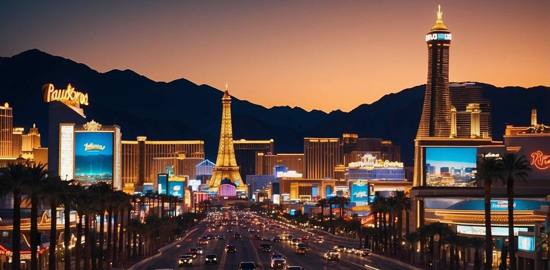 The bustling Las Vegas strip with neon signs and towering casinos, surrounded by desert landscape and mountains in the distance