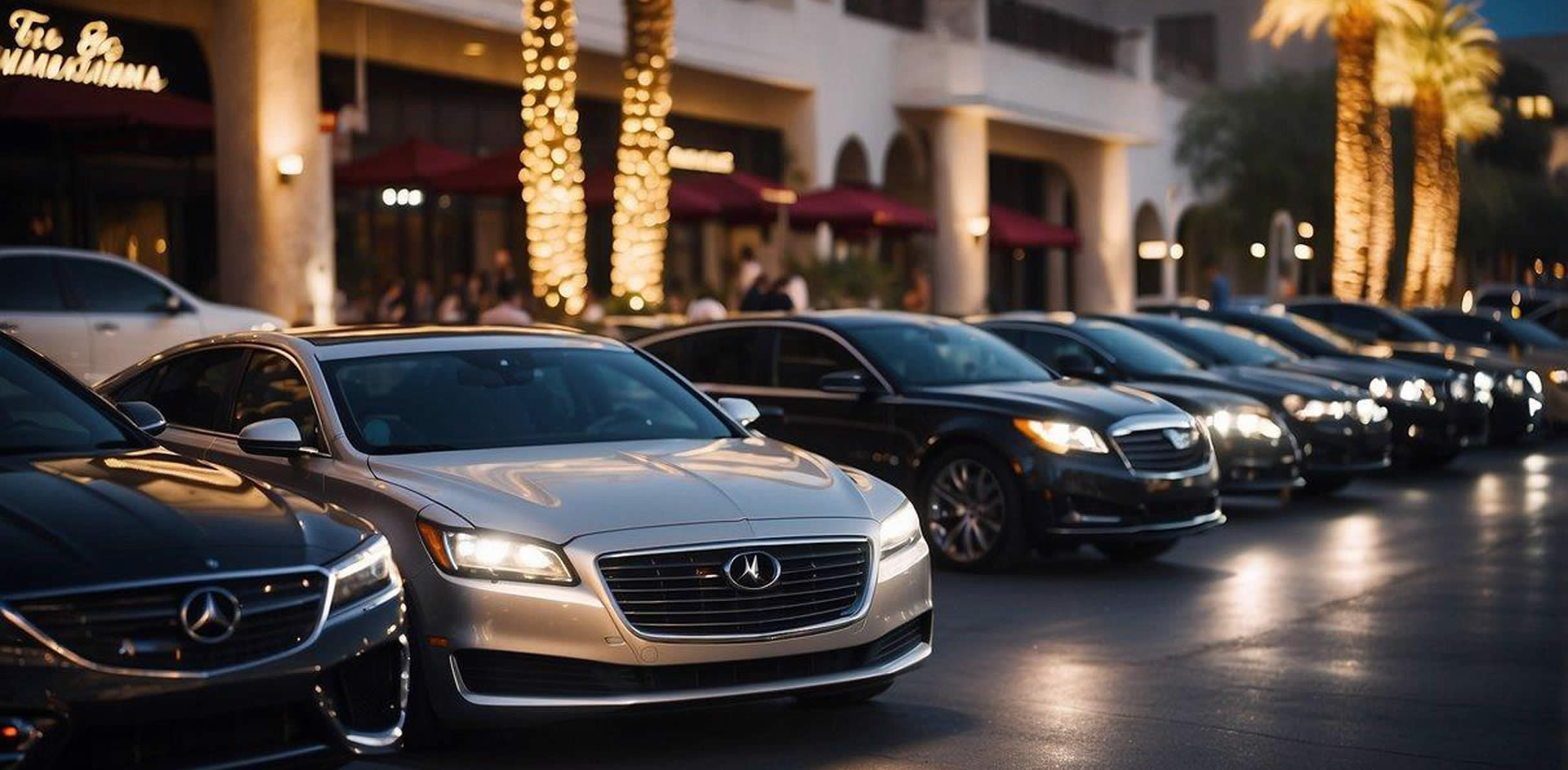 A line of luxury vehicles outside the top 10 best restaurants in Las Vegas, Nevada. Bright lights and bustling activity create a vibrant atmosphere