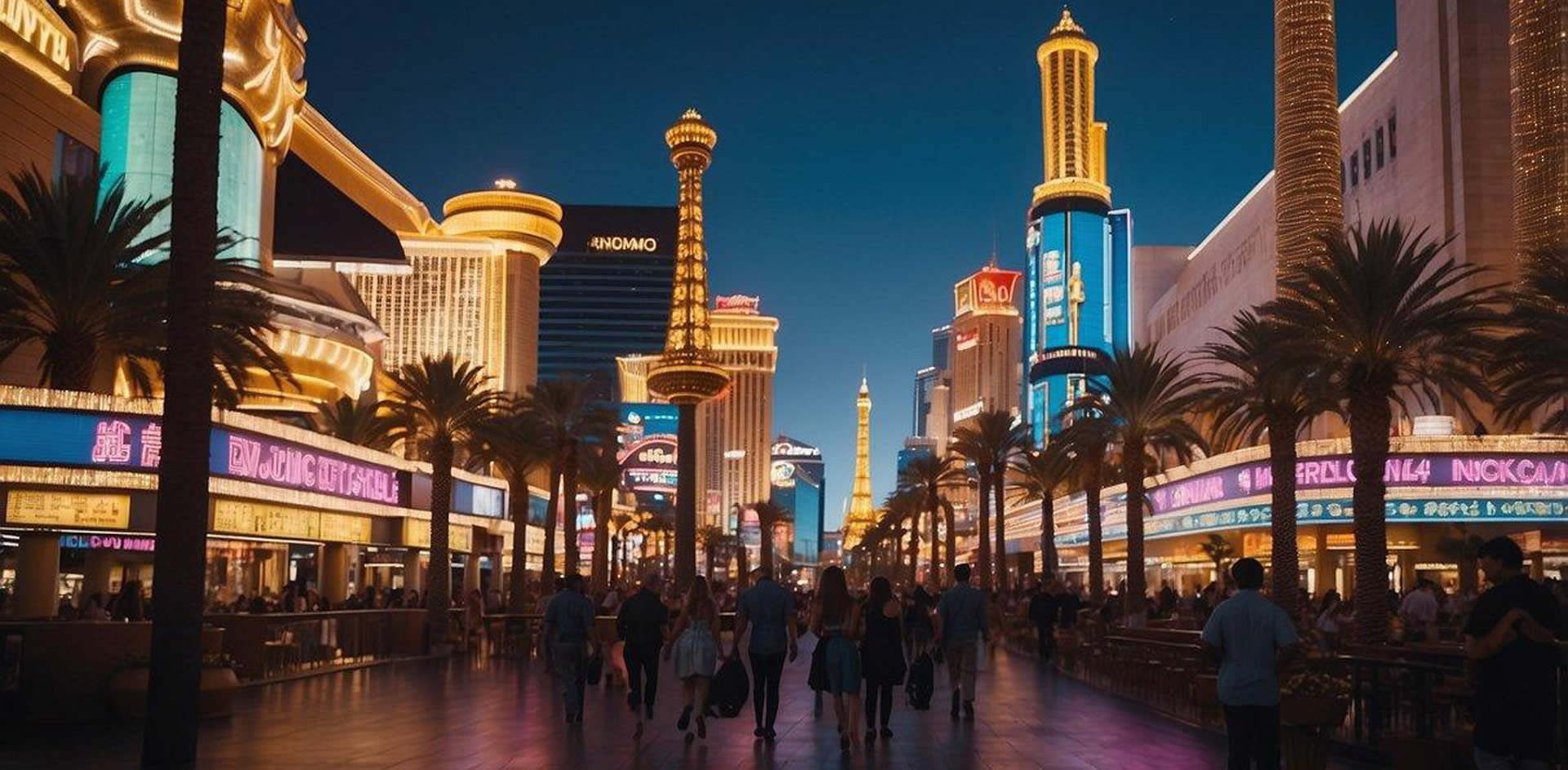 A bustling Las Vegas strip with neon signs, bustling crowds, and iconic restaurant facades lining the streets