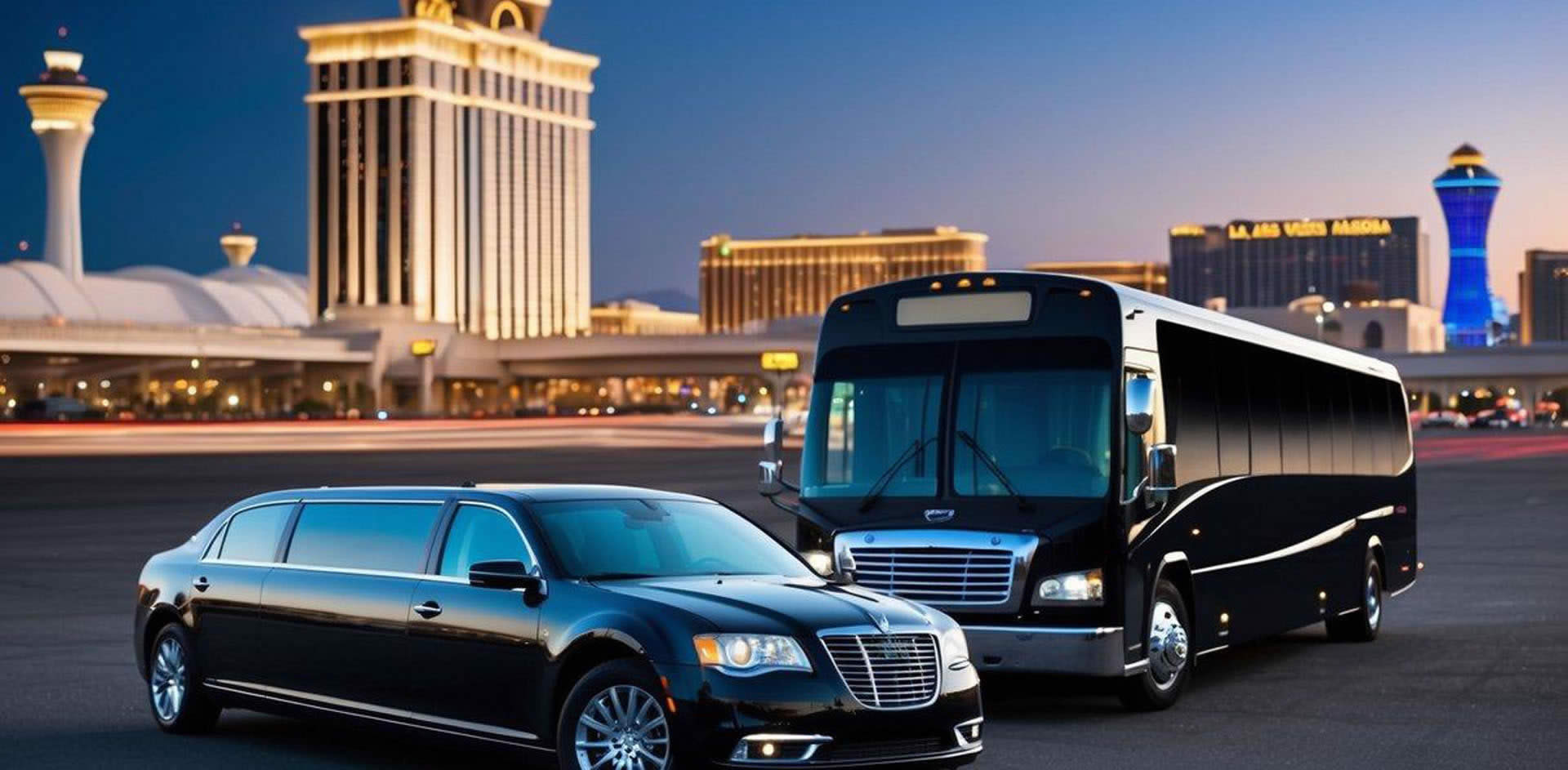 A sleek limousine and a spacious party bus parked in front of a Las Vegas airport terminal, with the city skyline in the background